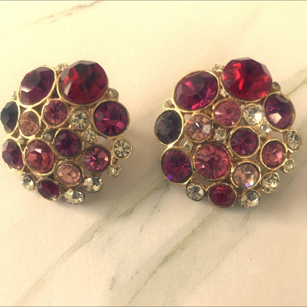 Crystal Cluster Clip Earrings Gold Cast Back Pinks